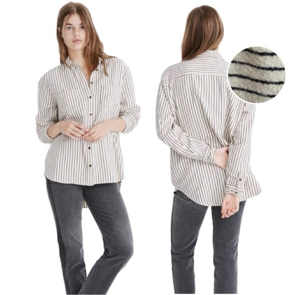 Madewell Oversized Cream Striped Button-Down Long Sleeve Flannel Shirt Medium
